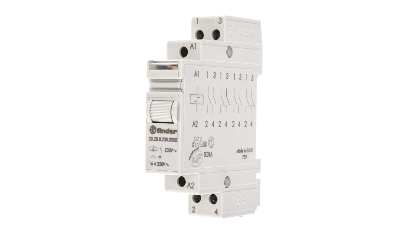 Finder DIN Rail Latching Power Relay, 230V ac Coil, 16A Switching Current, DPST